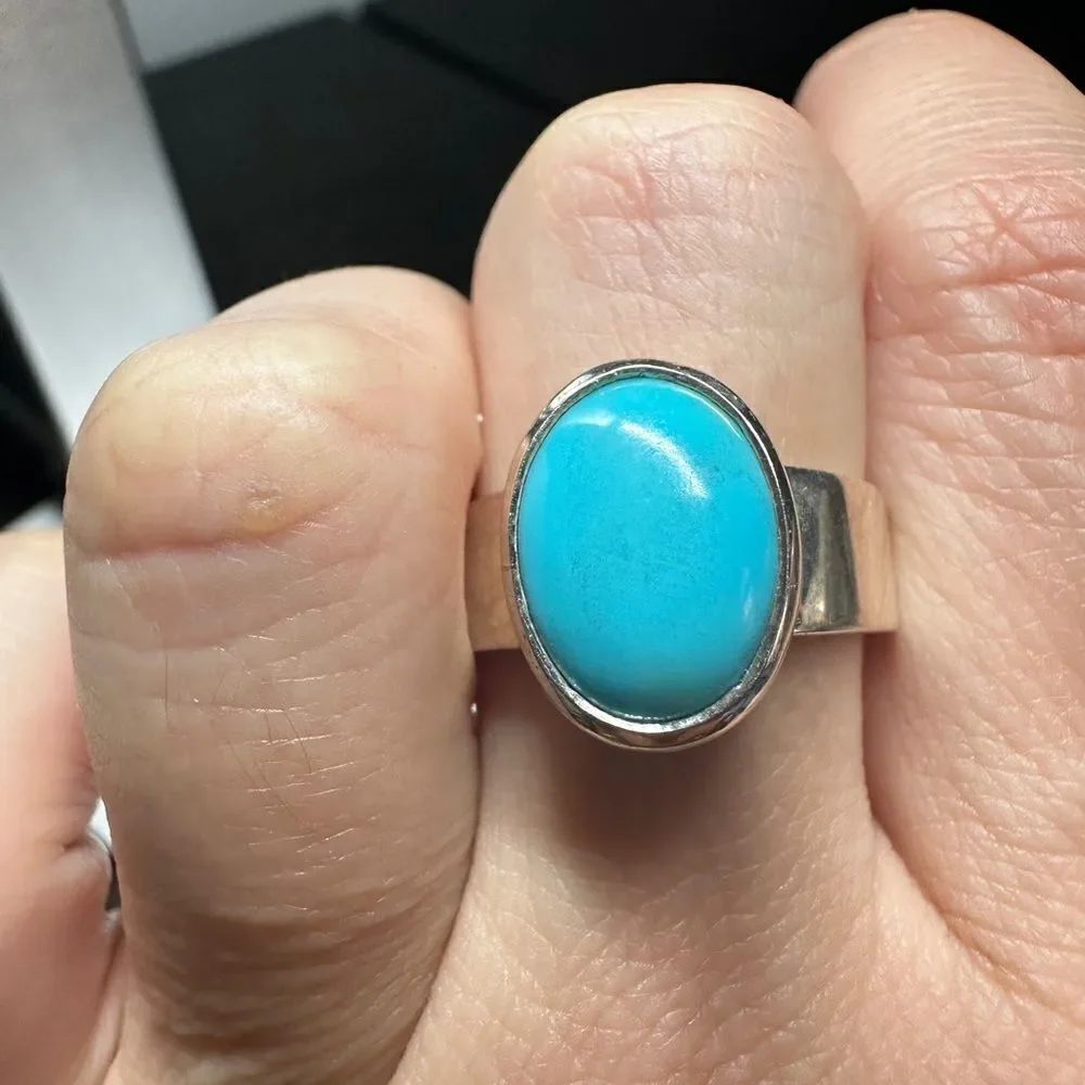 Unisex 3ct oval cabochon turquoise in solid sterling silver‎ ring!